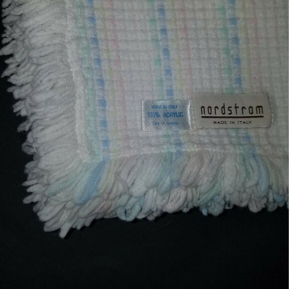 VTG Nordstrom Stripe Knit Baby Blanket Acrylic Pastel Pink Blue Yellow Italy - Picture 2 of 5